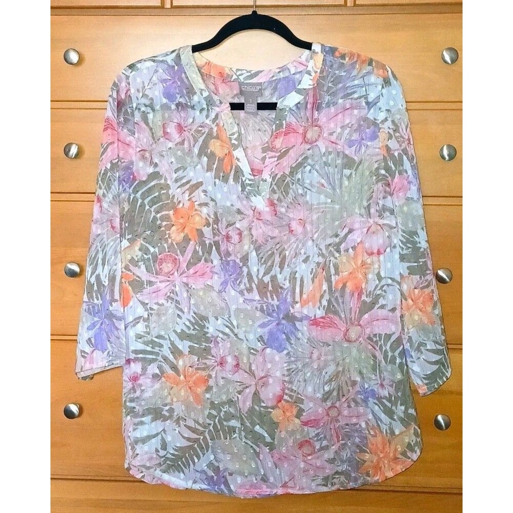 Chico's Womens 1/M Floral V-Neck 3/4 Sleeve Blouse Sheer Polyester blouse top
